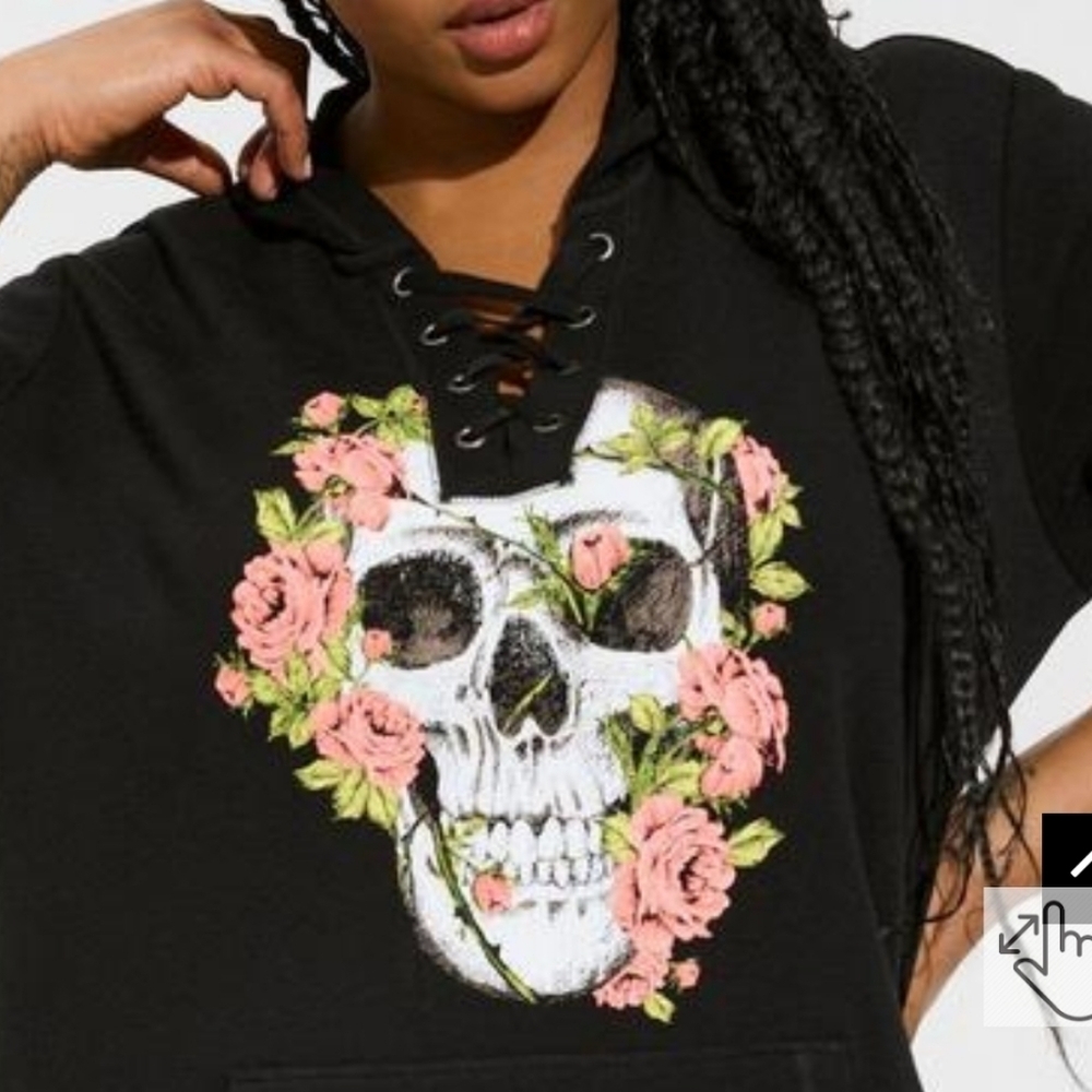 🆕️☠️ SKULL & FLORAL FLEECE LACE UP SIDE SLIT HOODIE☠️ - Picture 3 of 6